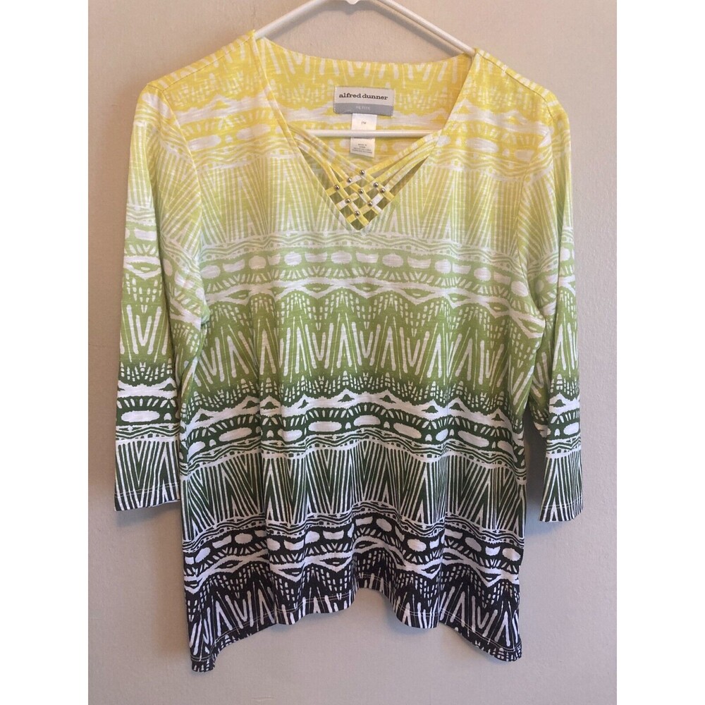 Alfred Dunner Women's Multicolor Ombre Geometric Blouse Lattice Neck Size PM